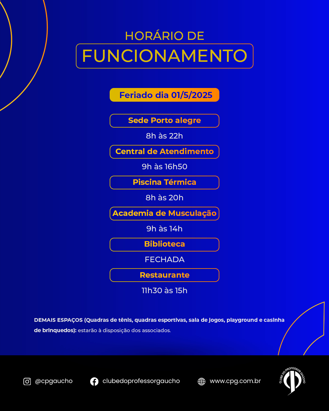 FUNCIONAMENTO da sede no feriado dia 01/05/2025
